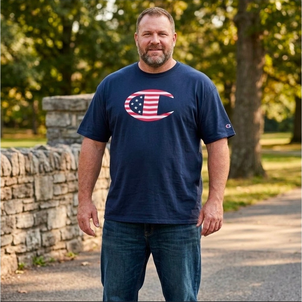 Champion Mens 2XL Navy Blue American Flag Logo T-Shirt Short Sleeve Tee Shirt